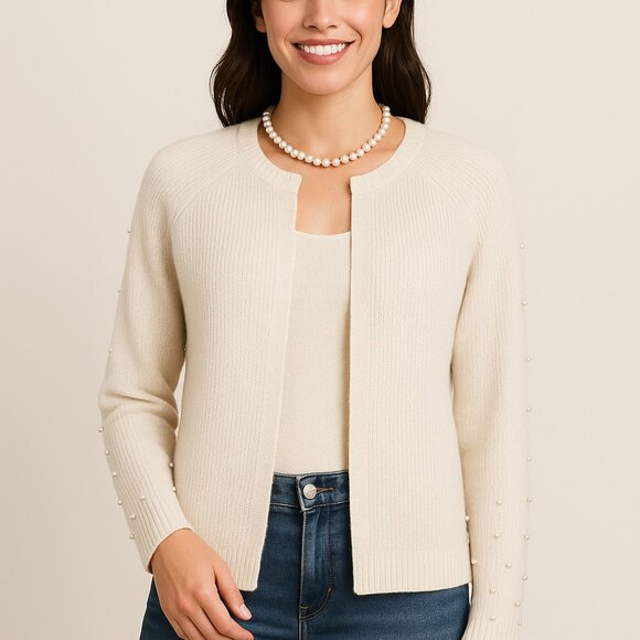 LOFT Outlet Pearl-Embellished Open Front Cardigan – Size L - Picture 6 of 6